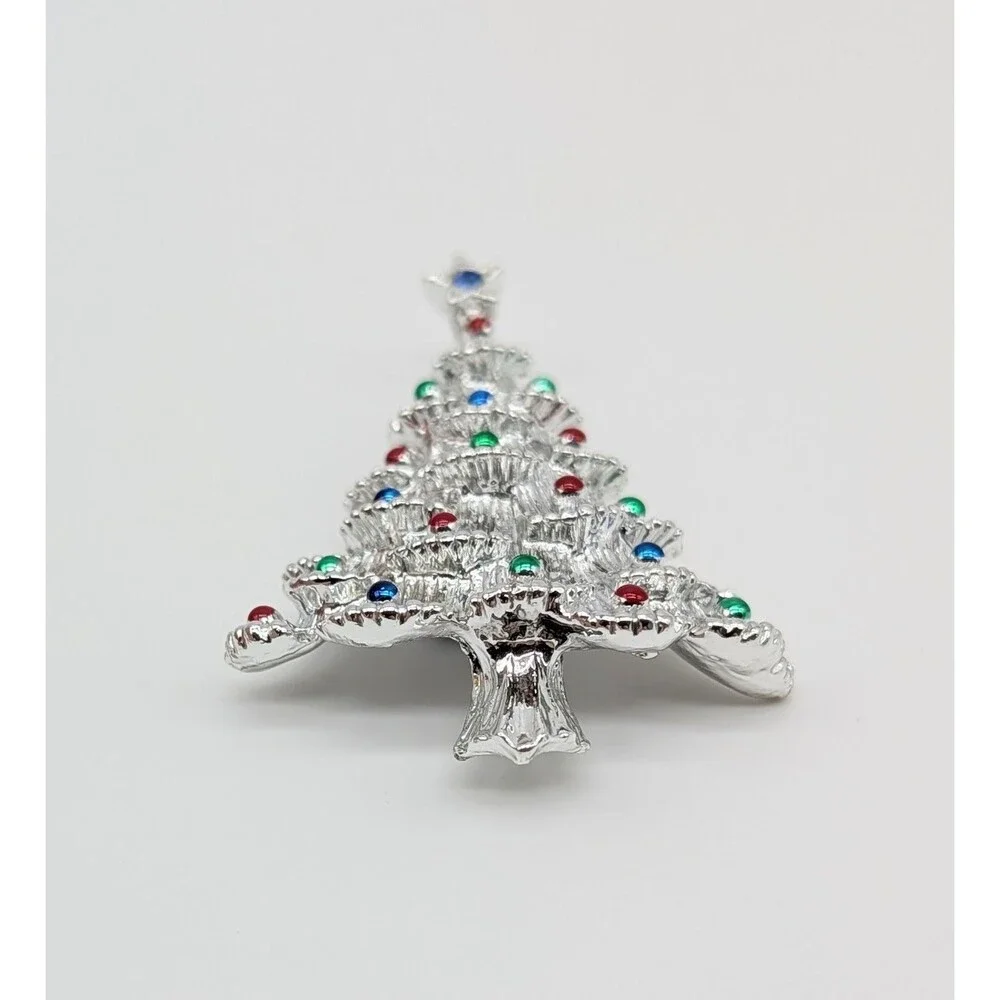 Gerry's Christmas Tree Brooch Pin Rhinestone Silver Tone Enamel Holiday